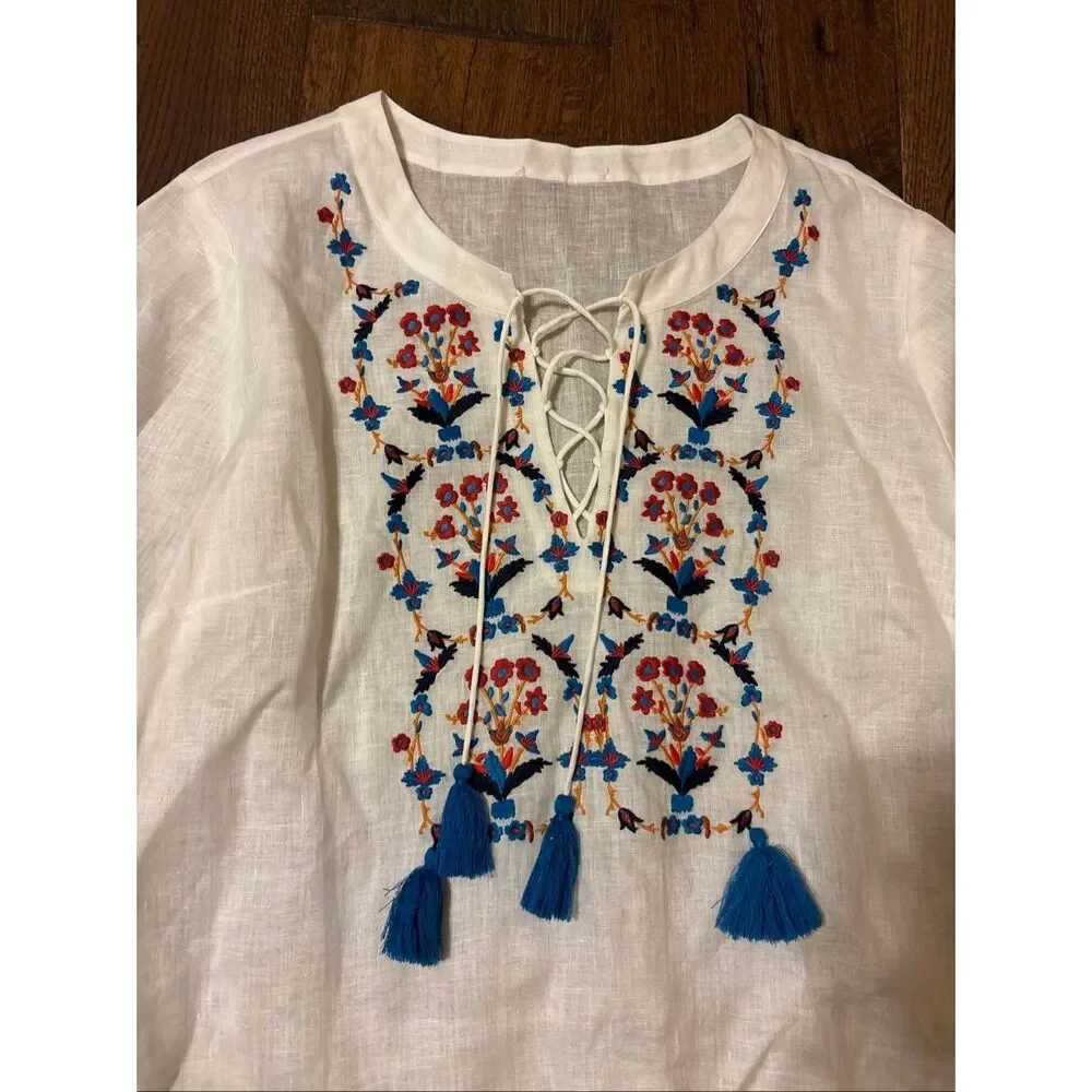 Tory Burch white linen swim cover up tunic M embroidered coastal beach